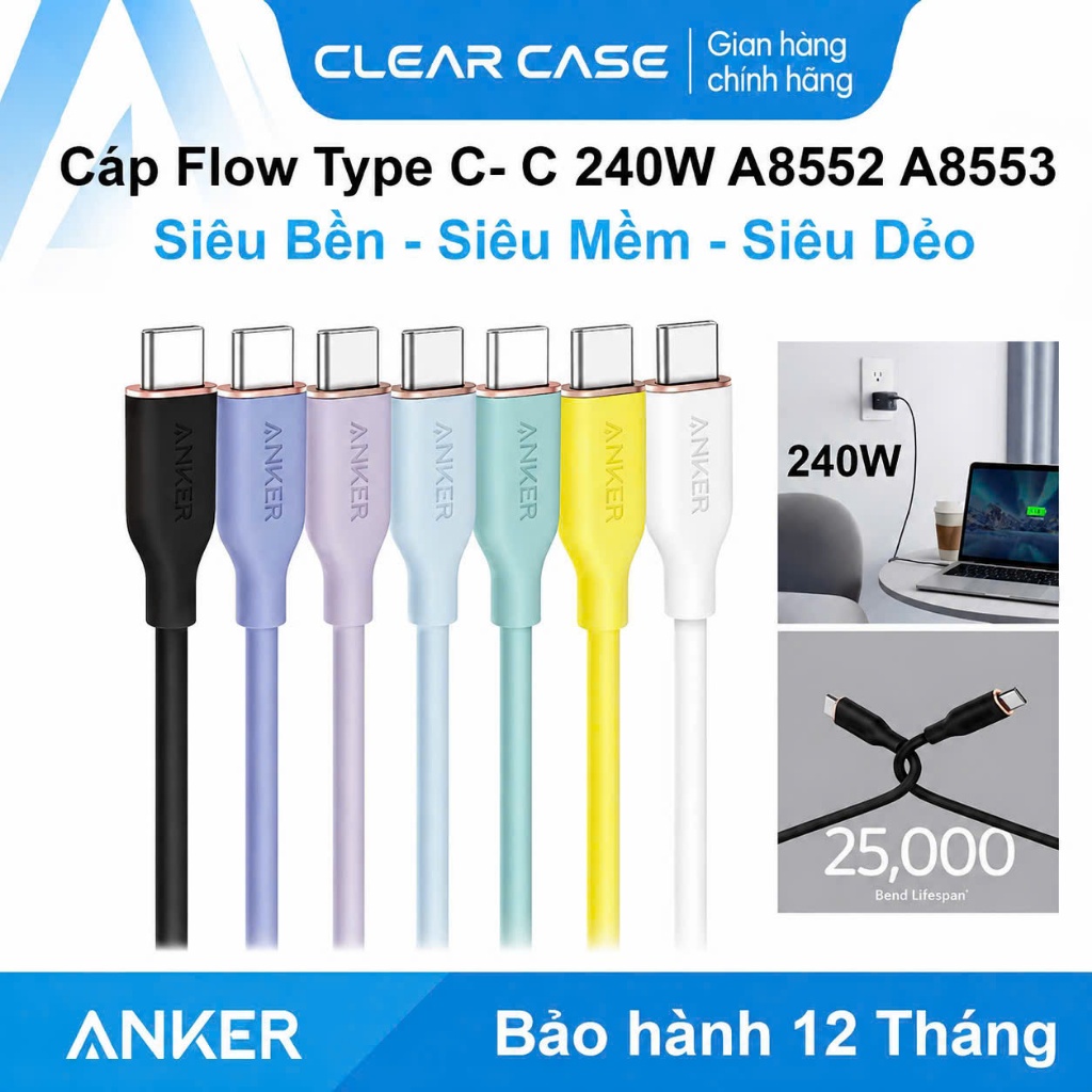 Cáp sạc nhanh ANKER Flow TypeC C to C 240W Siêu Dẻo Siêu Bền cho 16 17 PRM Laptop Mac  - A8552 A8553