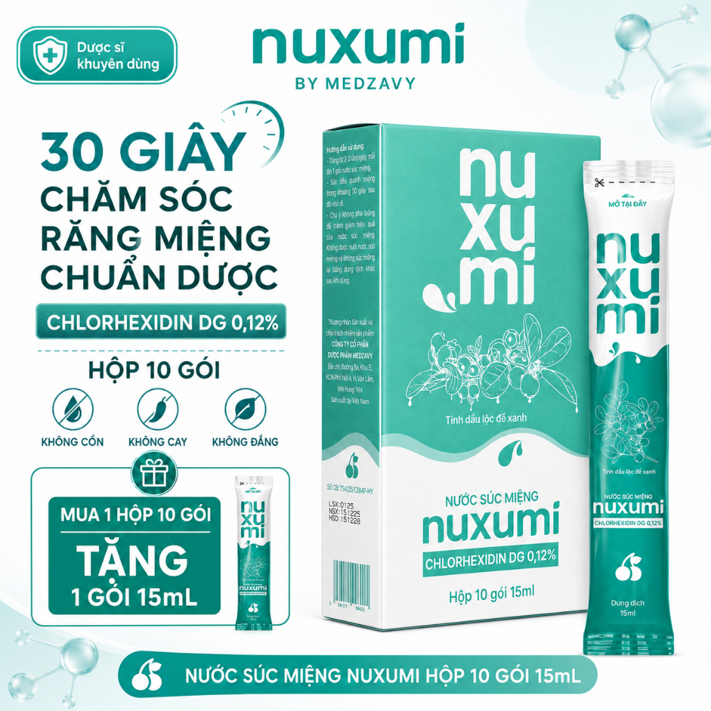 Nước Súc Miệng Nuxumi Giảm Hôi Miệng, Chăm Sóc Nướu, Hơi Thở Thơm Mát, Không Cồn, Hộp 10 Gói 15ml