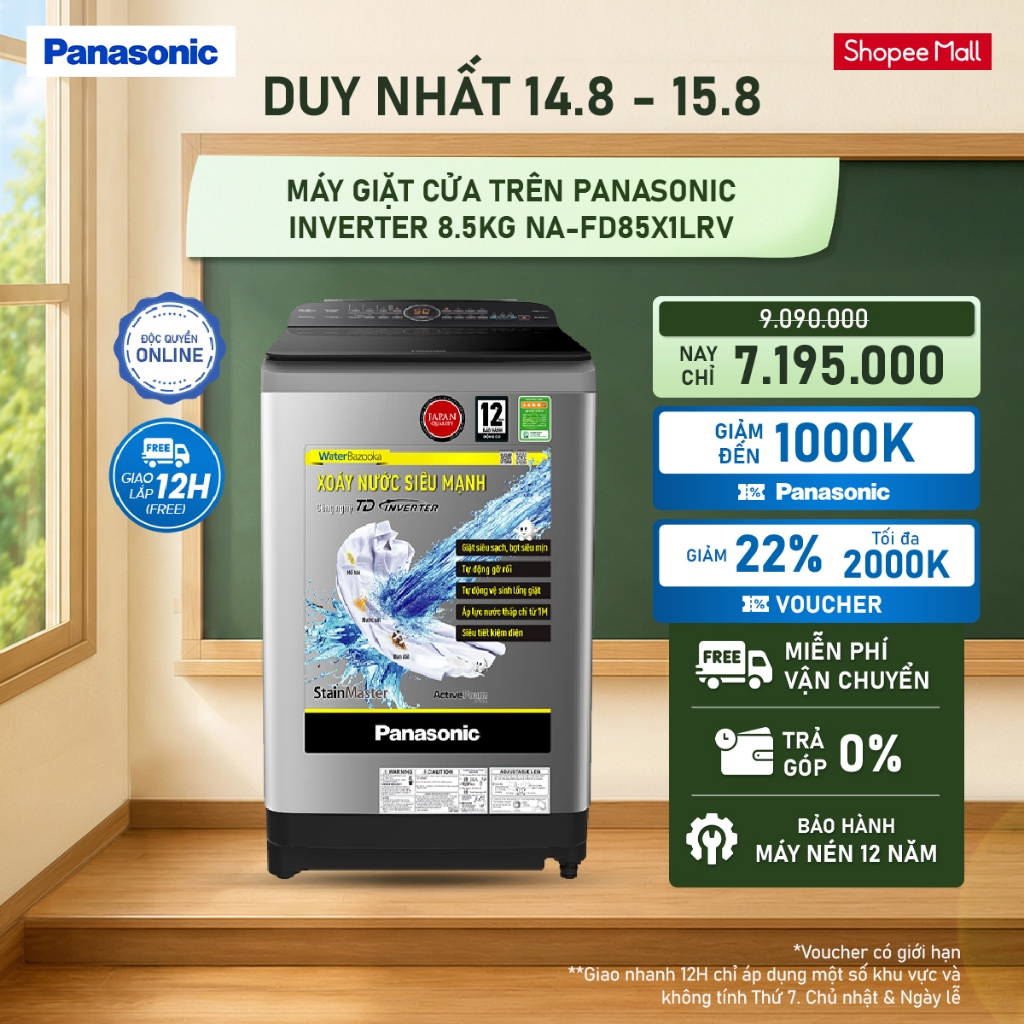 [Chỉ giao miền Bắc] [ELPN2TY MAX 2TR] Máy Giặt Cửa Trên Panasonic Inverter 8.5KG NA-FD85X1LRV