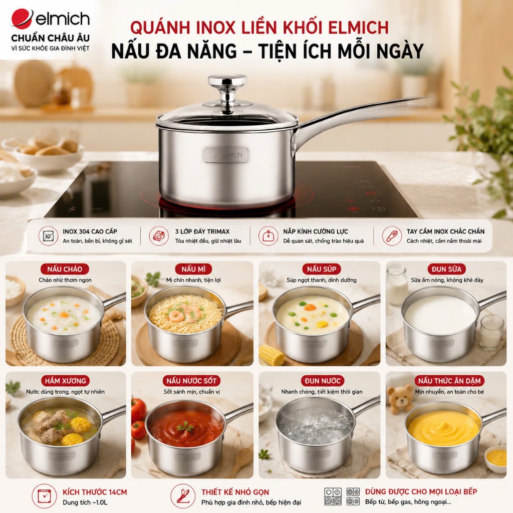 Quánh Inox nguyên khối Elmich baby EL-3848 size 14cm