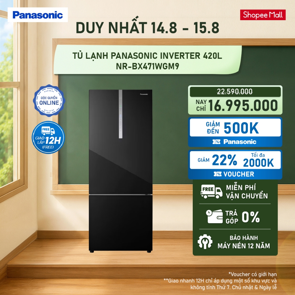 [Miền Nam giao sau 20/08] Tủ lạnh Panasonic Inverter 420L NR-BX471WGM9 Ngăn đông mềm Mặt gương