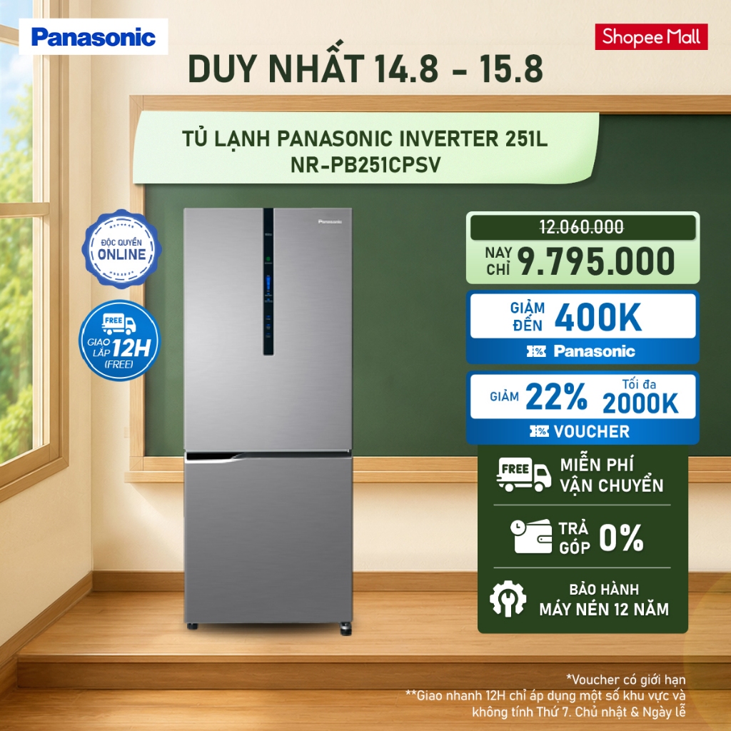 [Miền Nam giao sau 20/08] [ELPN2TY MAX 2TR] Tủ lạnh Panasonic Inverter 251L NR-PB251CPSV Ngăn đông m