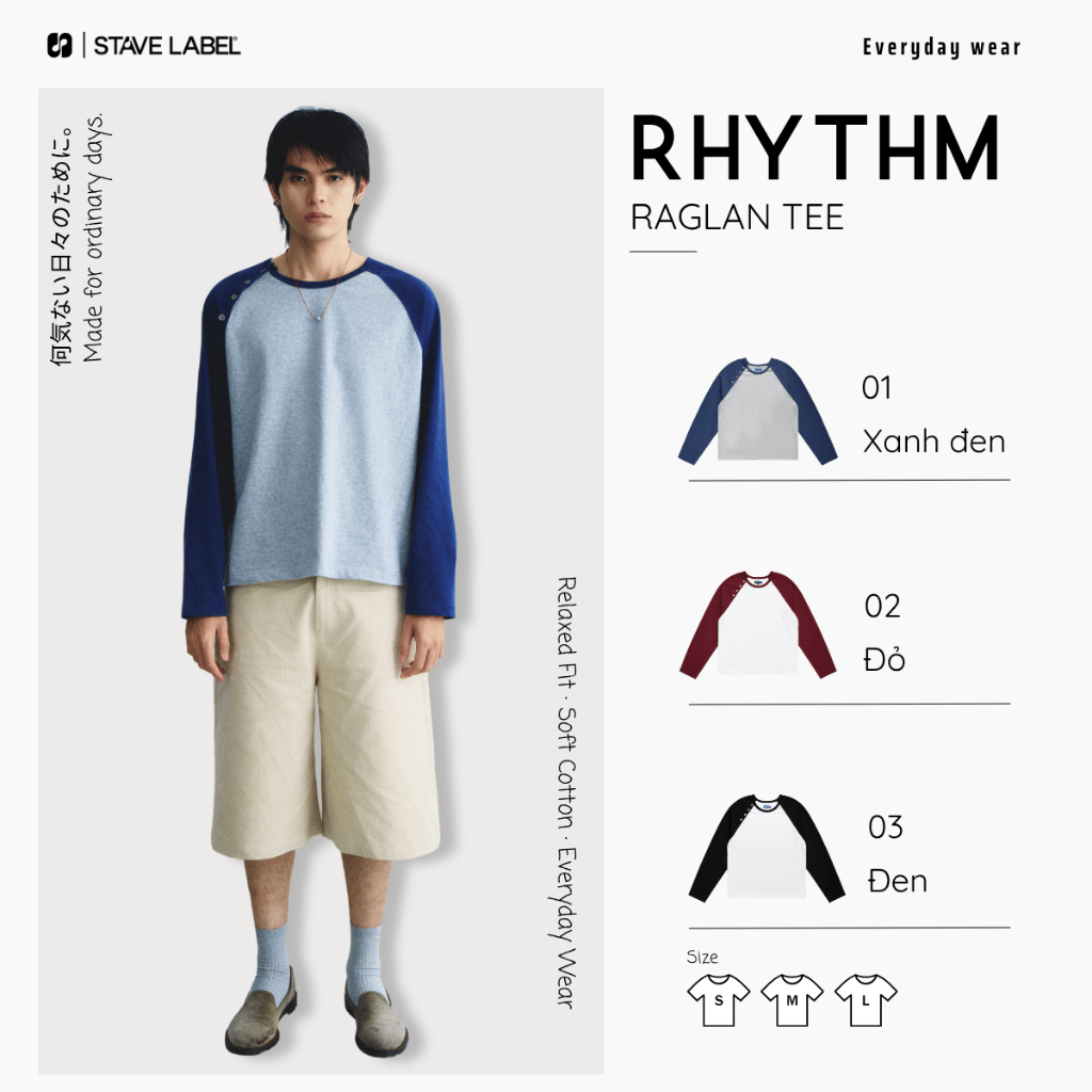 Áo thun raglan tay dài Rhythm Raglan Tee STAVE LABEL form regular vải cotton mềm mại, áo thun nam phối màu trẻ trung