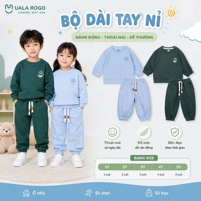 Bộ dài tay cho bé Ualarogo 1-5 tuổi vải Cotton Nỉ lông dày dặn co giãn mềm mại UR 0061