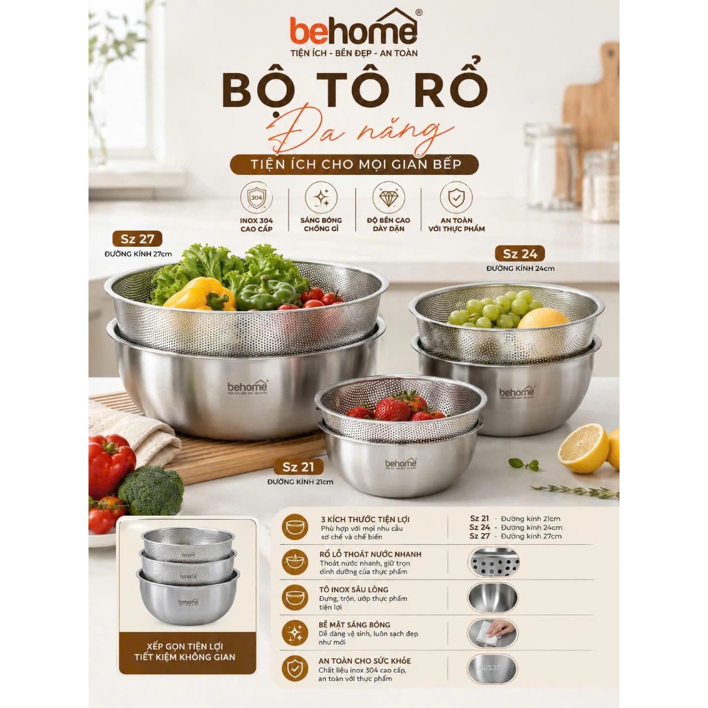 BỘ TÔ RỔ INOX 304 BEHOME – TIỆN ÍCH CHO MỌI GIAN BẾP