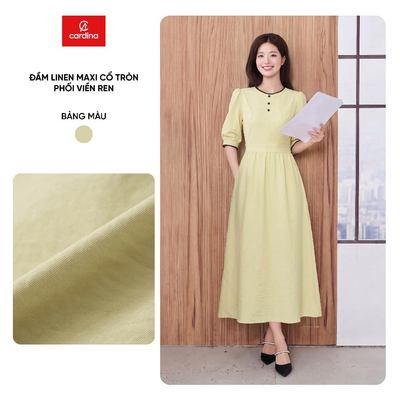 Đầm nữ CARDINA chất liệu linen tay lỡ cổ tròn phối viền ren 6VXD11