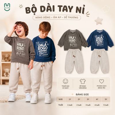 Bộ dài tay cho bé Ualarogo 1-5 tuổi vải Cotton Nỉ lông dày dặn co giãn mềm mại UR 0071