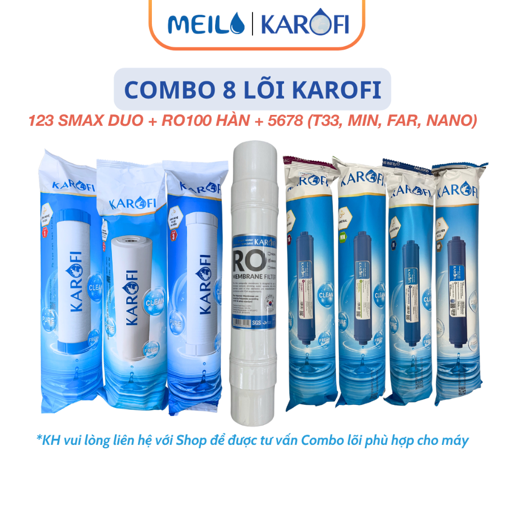 Combo 8 Lõi Lọc Nước Karofi Dùng Cho Máy OH128 Gồm Bộ Thô 123, RO 100 GPD Hàn, T33 Min Far Nano