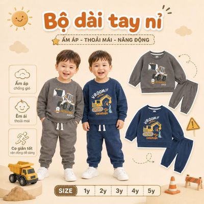 Bộ dài tay cho bé Ualarogo 1-5 tuổi vải Cotton Nỉ lông dày dặn co giãn mềm mại UR 0081