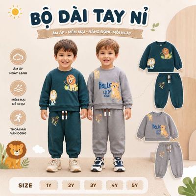 Bộ dài tay cho bé Ualarogo 1-5 tuổi vải Cotton Nỉ dày dặn co giãn mềm mại UR 0091