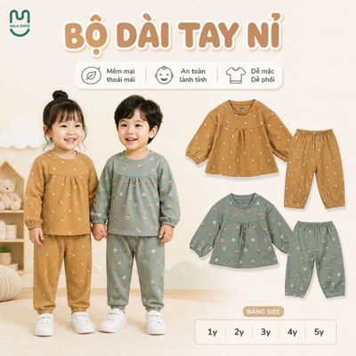 Bộ dài tay cho bé Ualarogo 1-5 tuổi vải Cotton Nỉ dày dặn co giãn mềm mại UR 0101