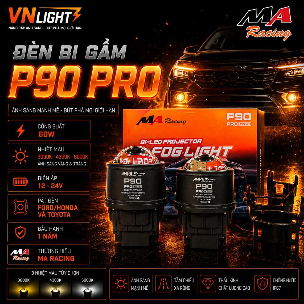 Đèn Bi Gầm P90 Pro MA RACING 60W Chính Hãng Siêu Sáng Bám Đường Tốt Cao Cấp Lắp Đặt Dễ Dàng BH 1 Năm