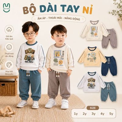 Bộ dài tay cho bé Ualarogo 1-5 tuổi vải Cotton Nỉ lông dày dặn co giãn mềm mại UR 0111