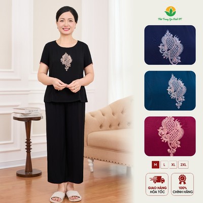 Đồ bộ mặc nhà trung niên chất Lanh Việt Thắng quần lửng dài áo cộc tay thêu họa tiết - B26.6007