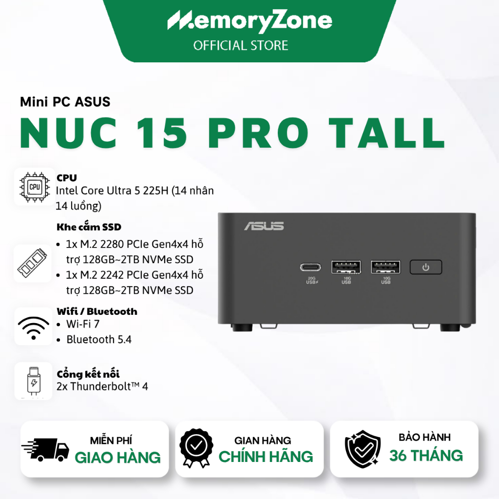 Máy tính Mini PC ASUS NUC 15 Pro Tall RNUC15CRHU500000I (Ultra 5 225H, Arc Graphics) - Bảo hành 36 t