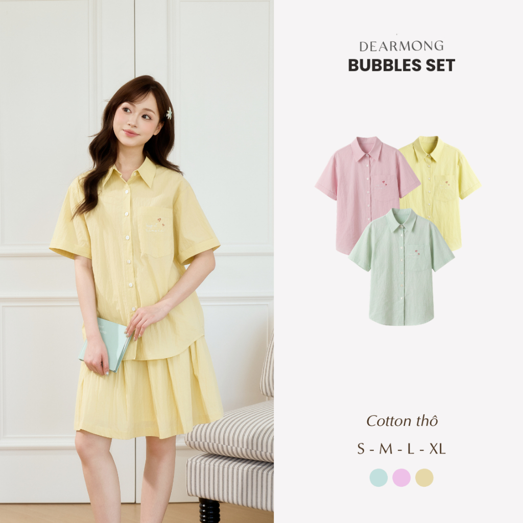Set Sơ Mi Và Chân Váy Cotton Thô Thêu Hình Túi Bubbles Thanh Lịch, Nhẹ Nhàng - Dearmong Bubbles Set