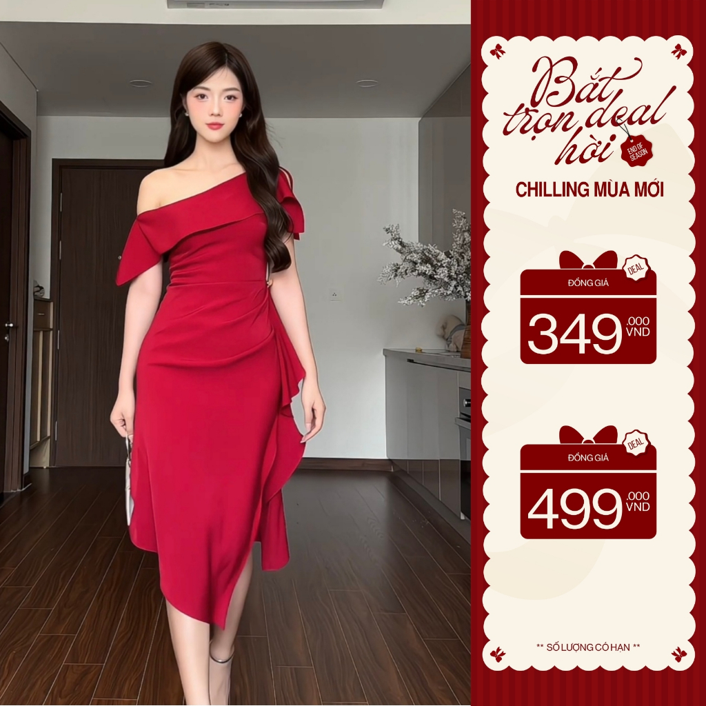 ZAMY SHOP - Váy TK lệch vai vạt bèo xẻ đầm đi tiệc đẹp cho nữ, đầm dáng dài, váy đi ăn đám cưới