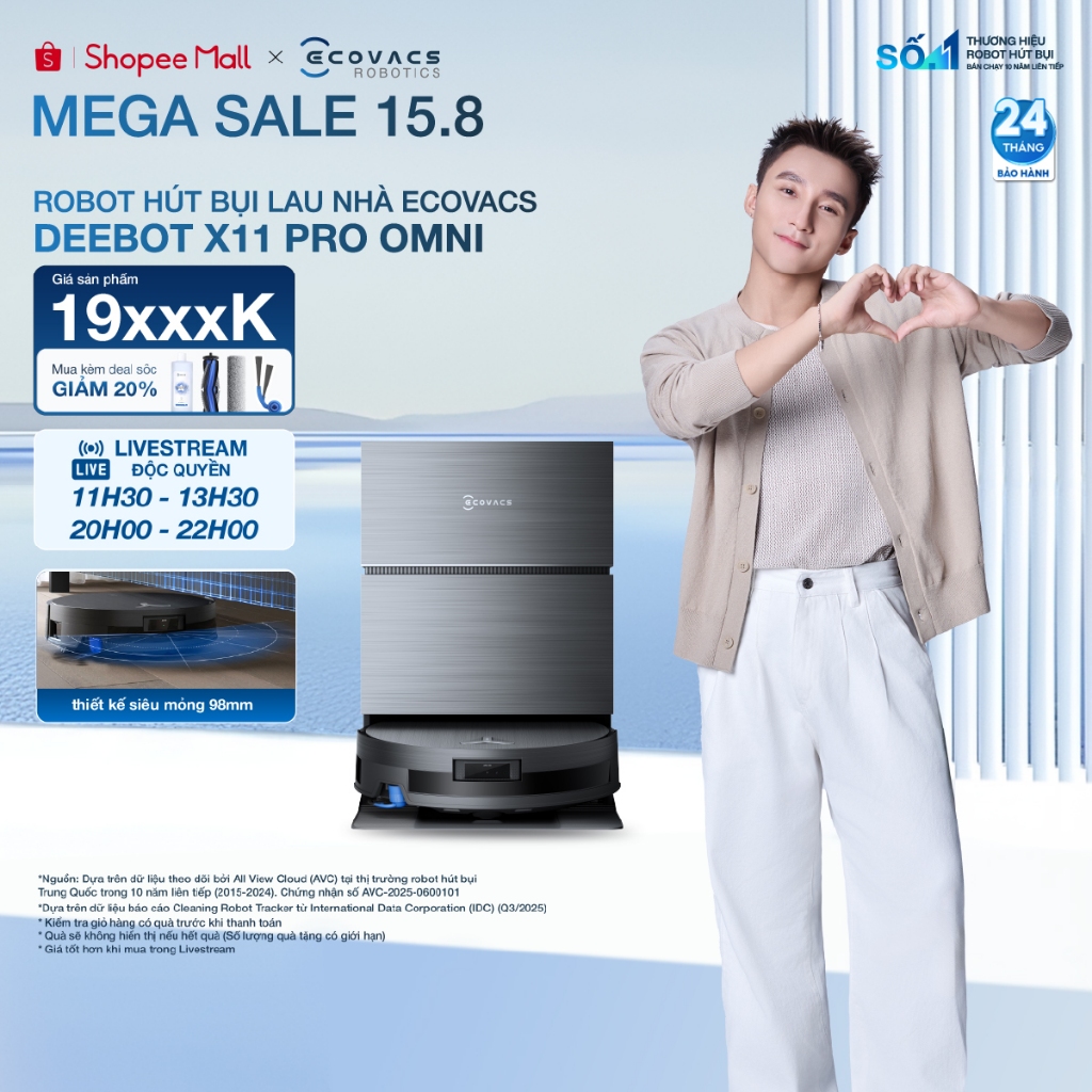 Ecovacs DEEBOT X11 Pro Omni Robot hút bụi lau nhà | Lực hút 19.500Pa | Pin 6400mAh | Thiết kế siêu m