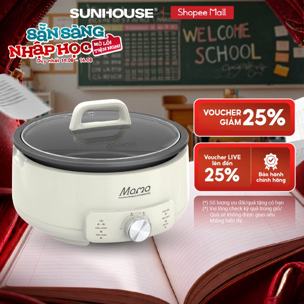 Nồi điện đa năng 4L Sunhouse Mama SHD4548 - 1500W, 5 chức năng - Chống dính Flead 2 lớp - Tự ngắt kh
