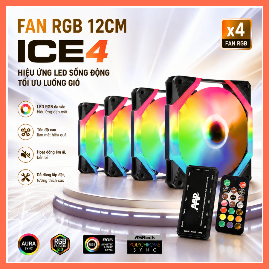 Fan Case ICE4 ARGB LED Rainbow – Quạt Tản Nhiệt RGB 12cm – Fan Case PC – Bán Lẻ 1 Fan – Không Hub