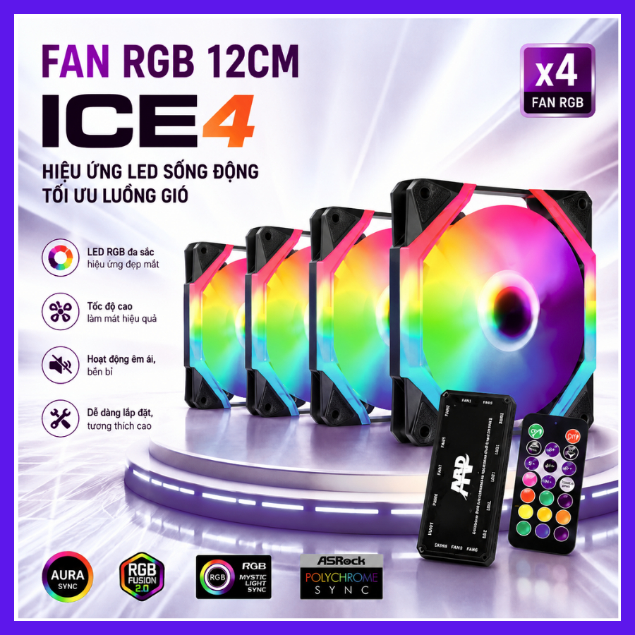 Fan Case ICE4 ARGB LED Rainbow – Quạt Tản Nhiệt RGB 12cm – Fan Case PC – Bán Lẻ 1 Fan – Không Hub