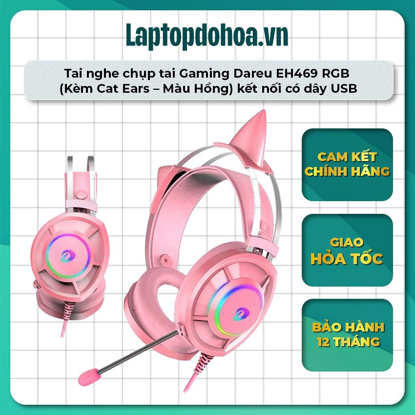 Tai nghe chụp tai Gaming Dareu EH469 RGB Kèm Cat Ears Màu Hồng kết nối có dây USB dài 2mét Bảo hành 