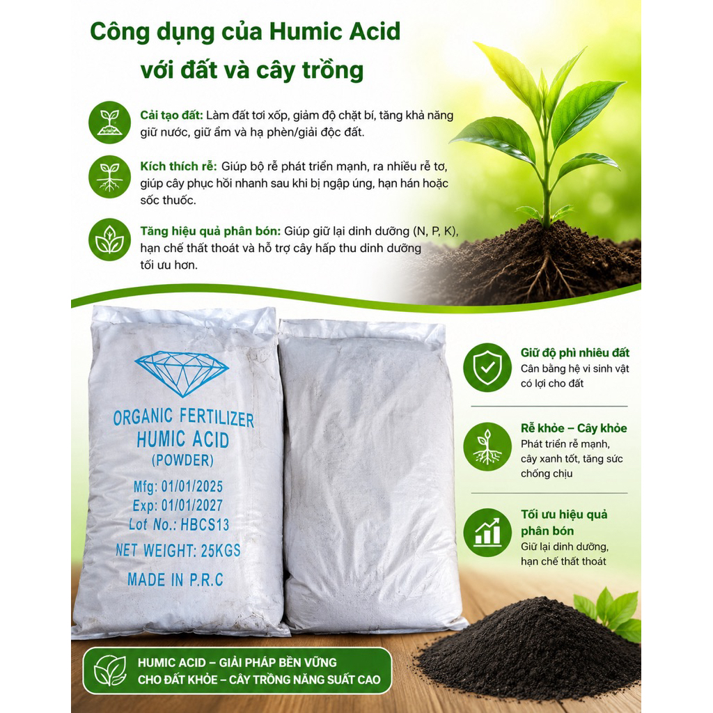Humic - Siêu Humic acid - bao kim cương làm chất đệm không tan hết bao 25kg
