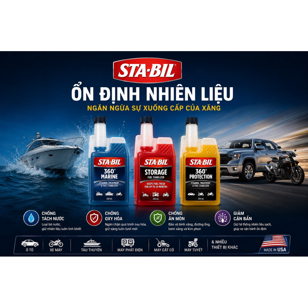 Phụ Gia Ổn Định Xăng Chính Hãng Mỹ -Phù Hợp Xăng E10 -STA-BIL Fuel Stabilizer – Hỗ Trợ Bảo Vệ Kim Ph