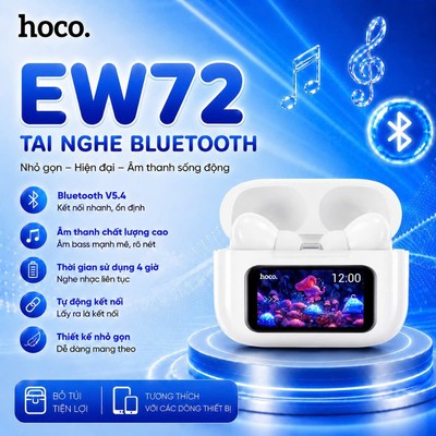 Tai nghe Bluetooth V5.4 Hoco EW72 dùng đến 4 giờ ,màn hình LED hiển thị cảm ứng,pin 360mAh