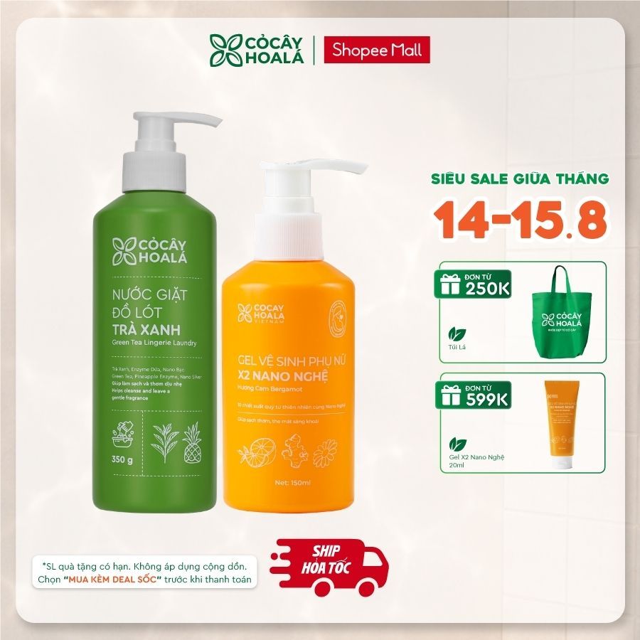 [HỎA TỐC] COMBO Dung Dịch Vệ Sinh x2 Nano Nghệ 150ml Phiên Bản Mới + Nước Giặt Đồ Lót Trà Xanh Cỏ Câ