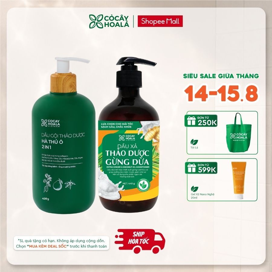 [HỎA TỐC] Combo Dầu Gội Hà Thủ Ô 2in1 420G & Dầu Xả Gừng Dừa 440G Cỏ Cây Hoa Lá Giúp Giảm Gãy Rụng, 