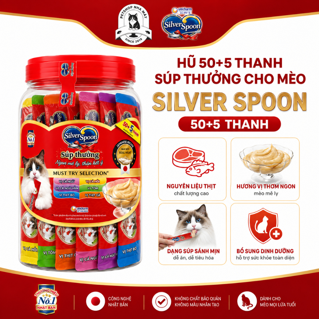 HÀNG MỚI VỀ Hũ 50+5 Thanh Súp Thưởng Cho Mèo Silver Spoon/Ciao/Shizuka (14g/thanh)