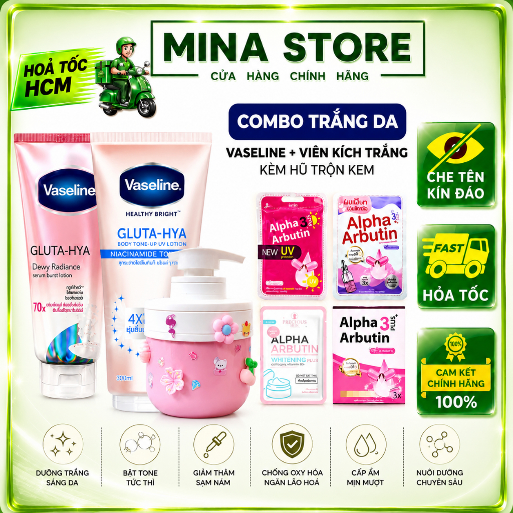 [Chuẩn Thái] Combo mix trắng da Vaseline 4X hoặc 70X Gluta + viên bột kích trắng + hũ trộn kem không