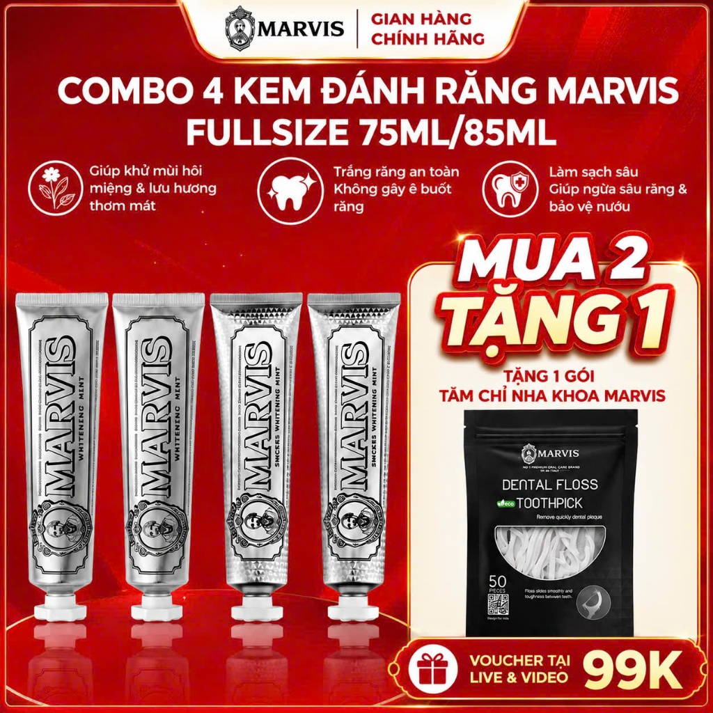(Hỏa tốc) Bộ Sưu Tập Kem Đánh Răng Marvis Whitening Collection 85ml (Whitening Mint & Smokers Mint)