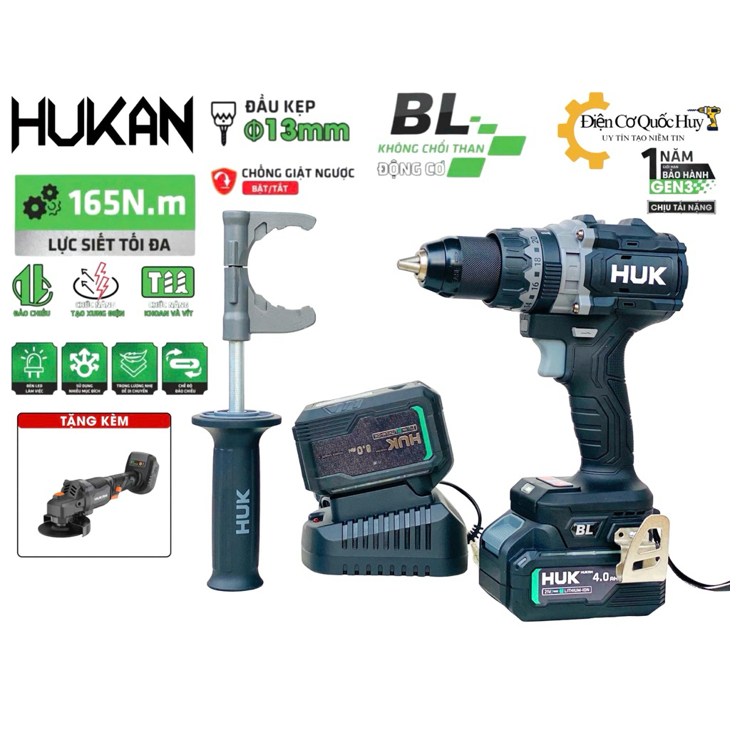 Máy khoan Hukan Gen3 F165PRO 3 chức năng Lực siết 165Nm Có tạo xung chống lật cổ tay