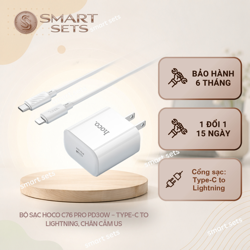 BỘ SẠC HOCO C76 PRO PD30W – TYPE-C TO LIGHTNING, CHÂN CẮM US