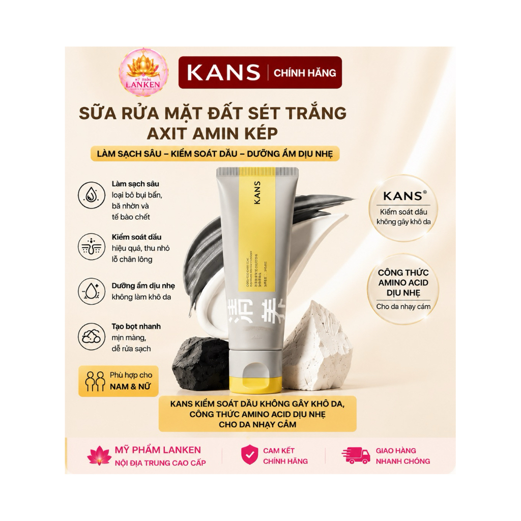 🌿✨ SỮA RỬA MẶT KANS ĐẤT SÉT TRẮNG AXIT AMIN KÉP 100G – LÀM SẠCH SÂU, KIỂM SOÁT DẦU, DƯỠNG ẨM MỊN DA 
