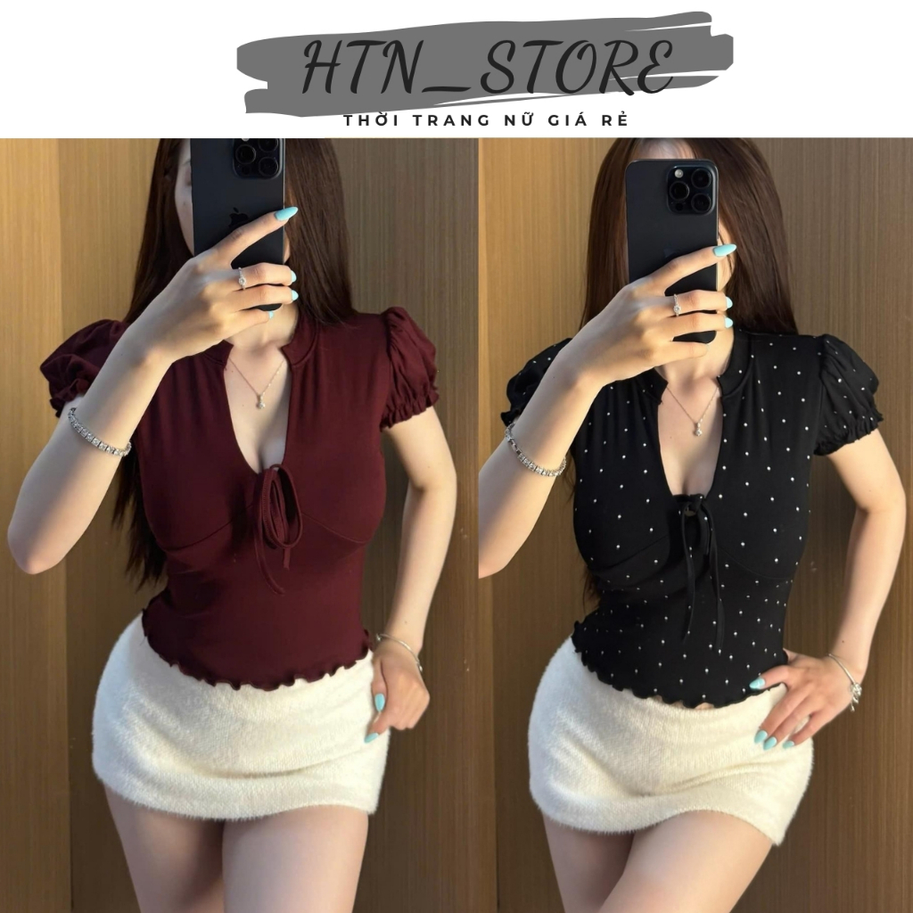 Áo Kiểu Cổ V Xẻ Thắt Dây Tay Bồng Bèo Nhún - Áo Thun Ôm Body Nữ Chất Cotton Dày Dặn Mềm Mịn HTN Store