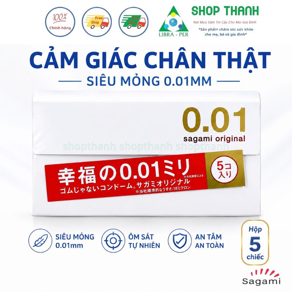 Bao cao su Sagami 0.01 Nhật Bản Hộp 5 Cái Chính Hãng Siêu Mỏng Polyurethane Không Dị Ứng