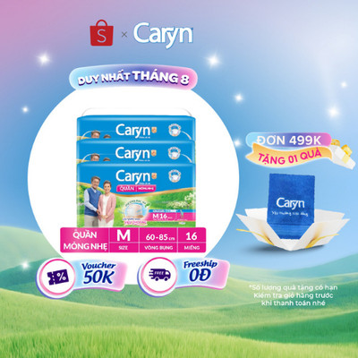 Bộ 3 Tã/Bỉm Quần Người Lớn Caryn Mỏng Nhẹ Chống Tràn Dành Cho Người Già Có Thể Tự Đi Lại Size M (16/32pcs)