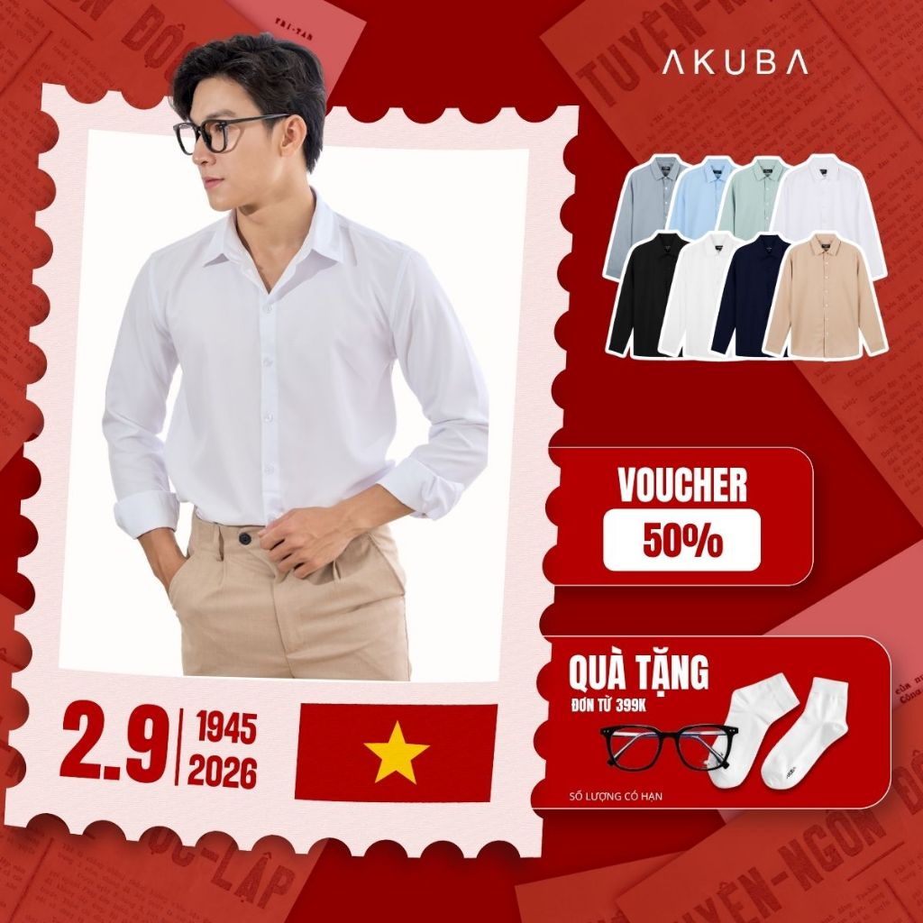 Áo sơ mi trắng nam AKUBA tay dài đi làm form slimfit, vải lụa không nhăn, thoáng mát | 01AB2044