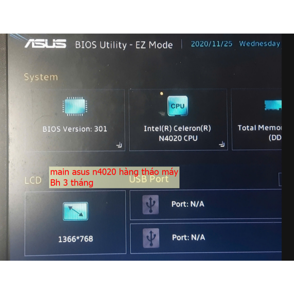 Main laptop Asus chạy chip Intel Celeron N4020 thường dùng cho các dòng máy phổ thông như Asus Vivob