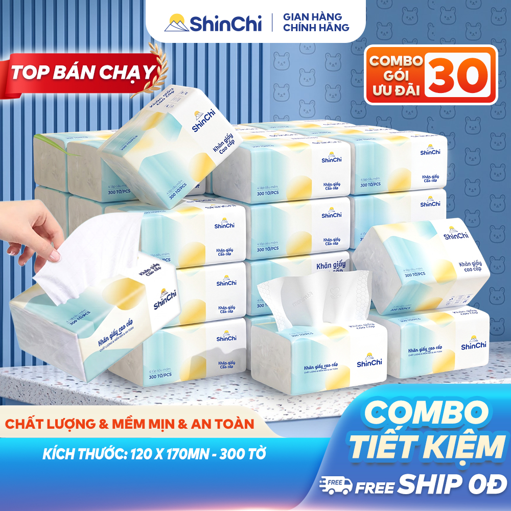 [COMBO] Giấy ăn rút Shin Chi thùng 30 gói/16 gói/46 gói 4 lớp cao cấp tiện lợi, dày dặn mềm mịn