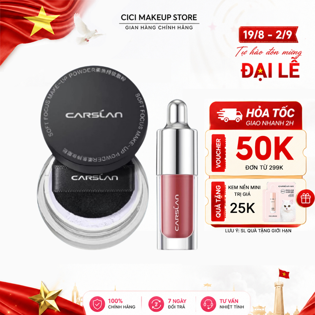 Combo Phấn Phủ Carslan Chính Hãng + Son Mini Carslan – Kiềm Dầu, Lâu Trôi, Màu Son Lên Chuẩn