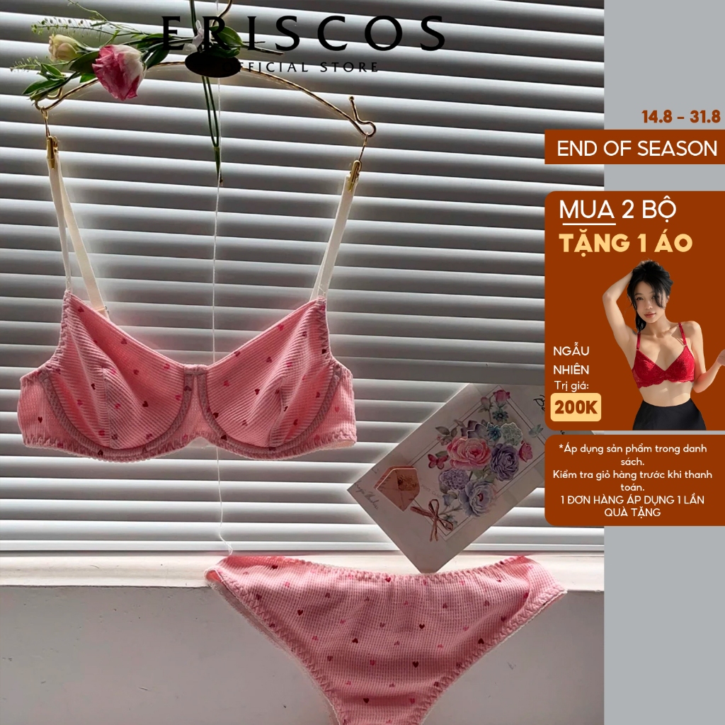 Bộ quần áo lót cotton tổ ong thoáng mát trẻ trung dễ thương mùa hè có gọng không mút đệm eriscos
