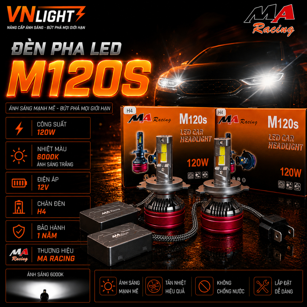 Đèn Pha LED M120S MA RACING 120W Chính Hãng Siêu Sáng Cos Pha Rõ Nét Bám Đường Tốt Cao Cấp BH 1 Năm