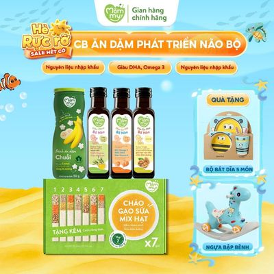 Combo ăn dặm cho bé Mămmy phát triển não: Cháo gạo sữa gói 30g, Dầu Olive, Óc chó, Cá hồi, Bánh ăn dặm hũ vị chuối