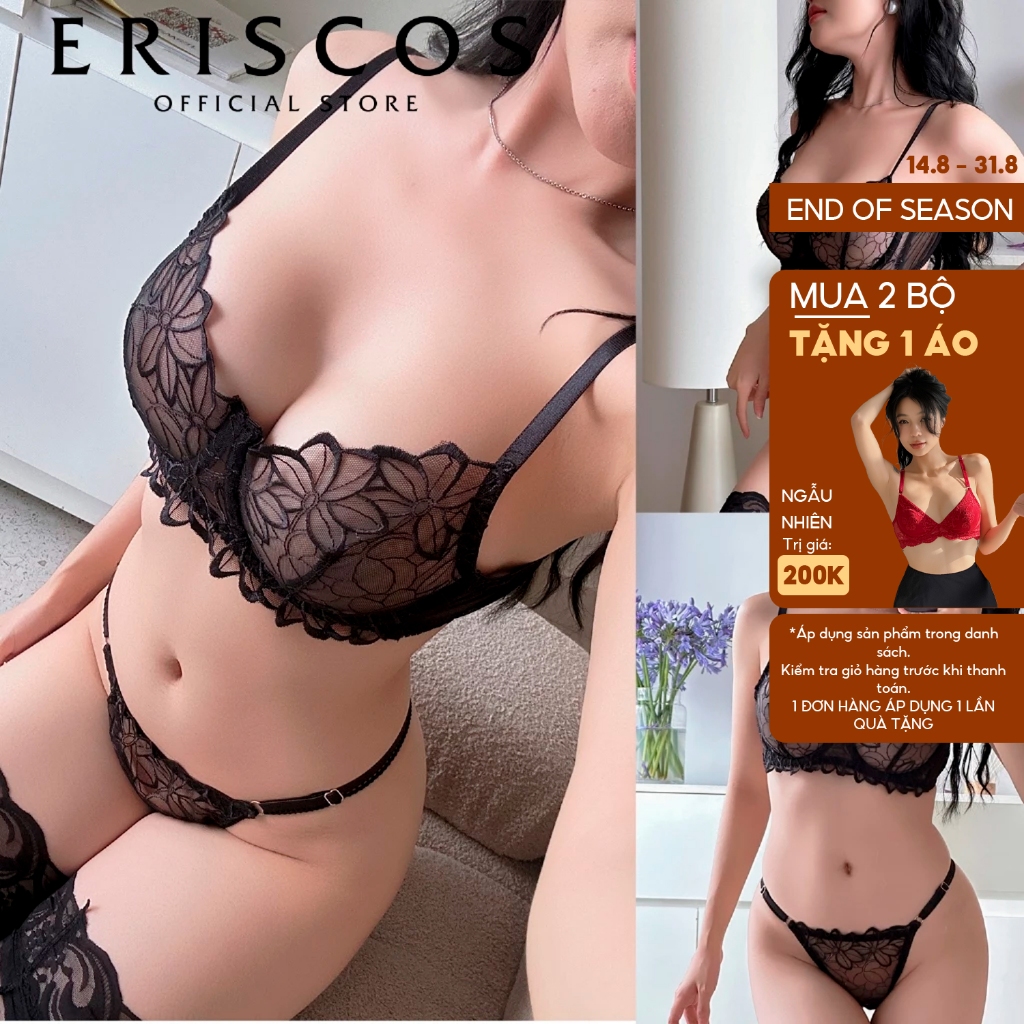 [MỚI] Sexy Lingerie Bộ đồ lót ren thêu gợi cảm xuyên thấu Eriscos áo 1 lớp có gọng cup chéo quần lọt