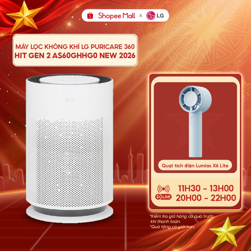 Máy lọc không khí LG PuriCare 360 Hit Gen 2 AS60GHHG0 New 2026, lọc sạch bụi mịn, khử mùi hôi, màng lọc Hepa chính hãng