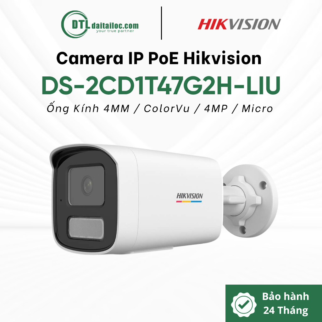 Camera IP Hỗ Trợ PoE Hikvision DS-2CD1T47G2H-LIU (4MP/4MM/Micro/ColorVu/Đèn Thông Minh) | Chính Hãng